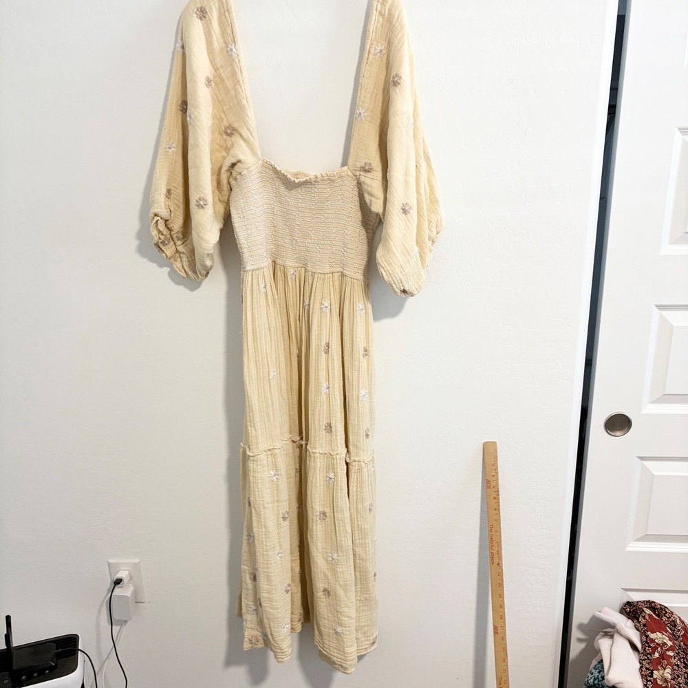 Free People Dahlia Midi Dress Yellow Embroidered Smocked Puff Sleeve Medium - Picture 2 of 6